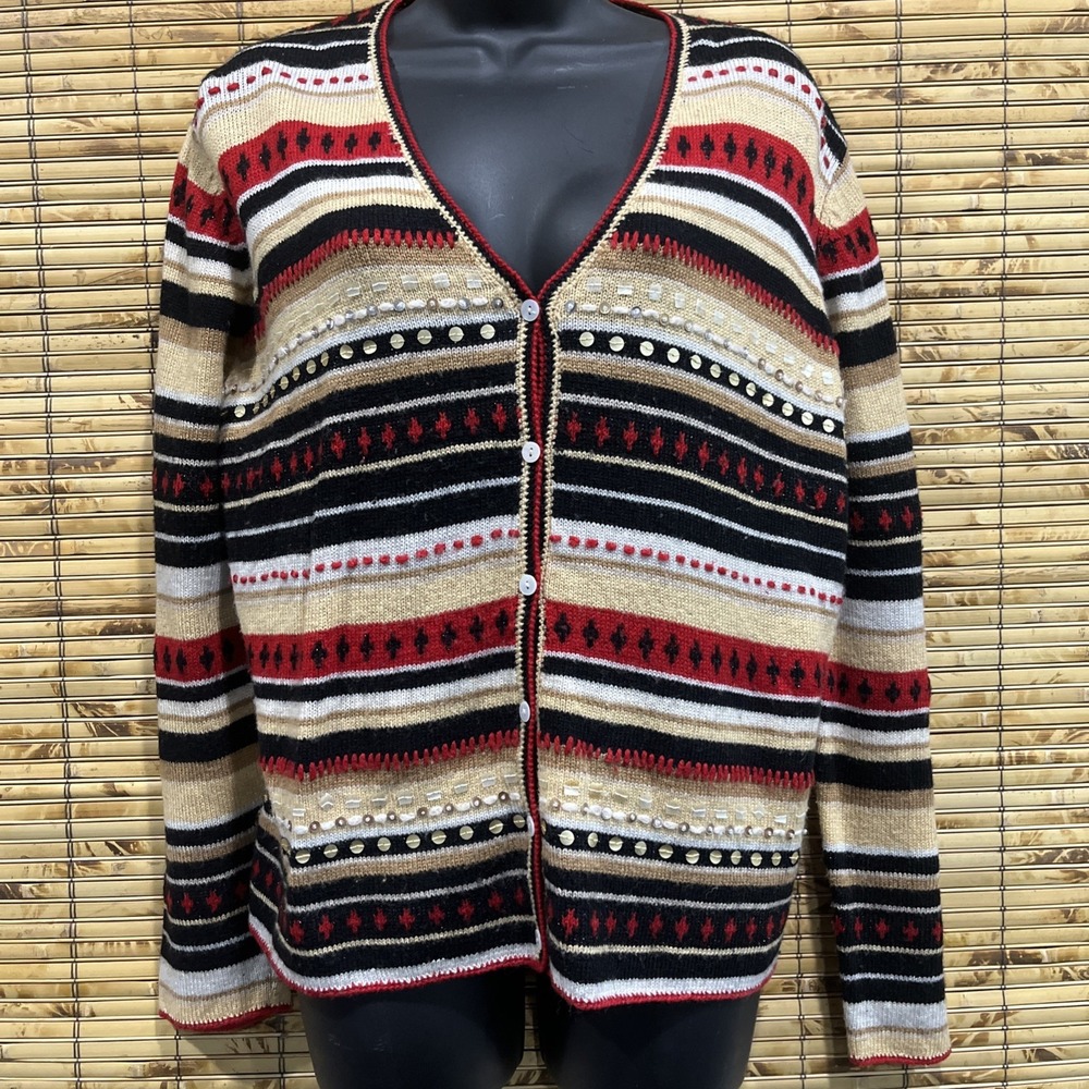 Womens Vtg  Cardigan Sweater Sz L Multi-Color Stripe Beaded Sequin Folk Boho Art